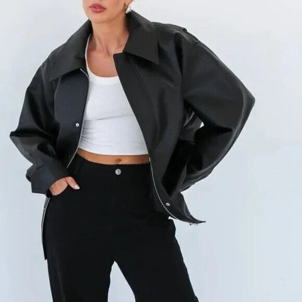 NWT Rumored Women's Black Faux Leather Full Zip Maverick Bomber Jacket Size M/L‎